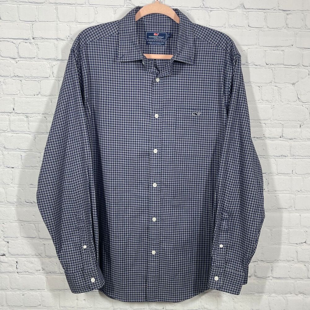 Vineyard Vines Shirt Mens Large Gingham Blue Gray Stretch Classic Fit Tucker